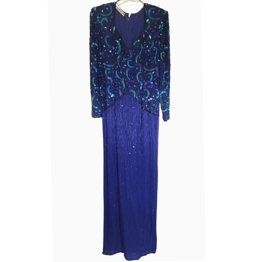 SCALA Dress Vintage Womens Purple Green Sequin Ball Gown Wedding Zippered Maxi